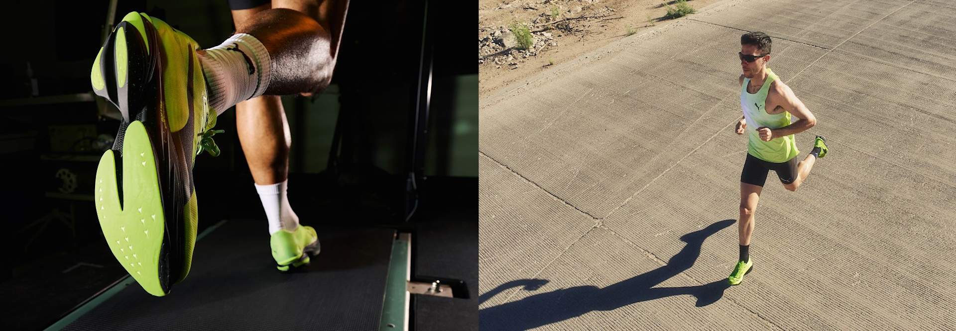 Runner wearing bright green running shoes, shown on a treadmill and running outdoors on a paved surface.
